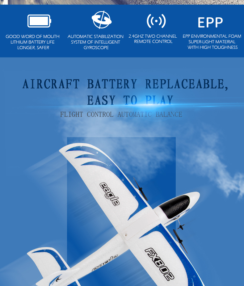 Power Source Electric 2.4GHz 2CH RC Foam Ultralight Flying Glider Airplane Plane Model Toy Fx802 Epp Eagle RC Glider