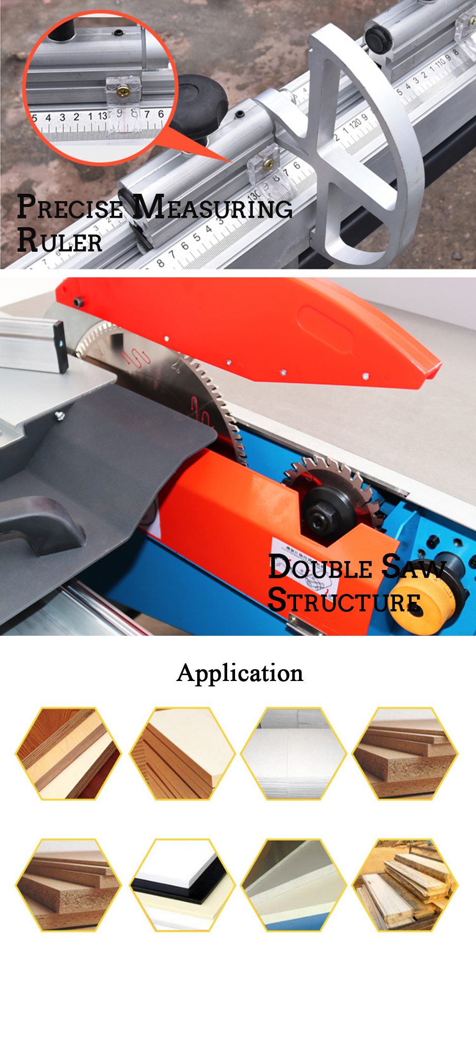 Woodworking with 8KW Double Blade Sliding Table Saw and 0-45° Blade Tilting Adjustment