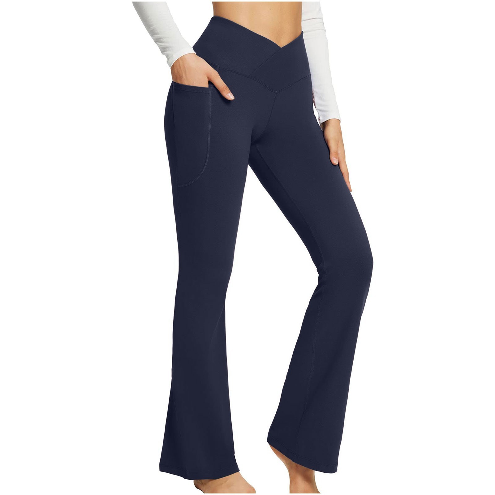 Women'S High Waist Flare Pants Trendy Crossover Yoga Pants Workout Bell Bottom Leggings With Pockets