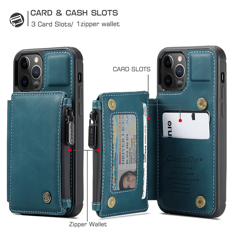 PU Leather Wallet Cover for iPhone 14 15 Pro Max Zipper and Card Slot Closure