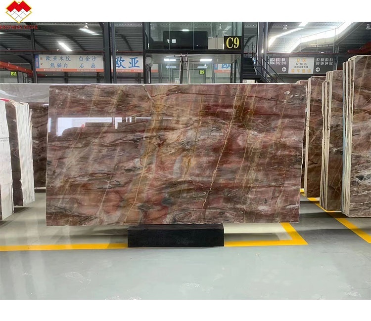 Translucent Blood-Orange Red Onyx Stone with White Veins CNF Red Wood Veins Marble Wall Panel