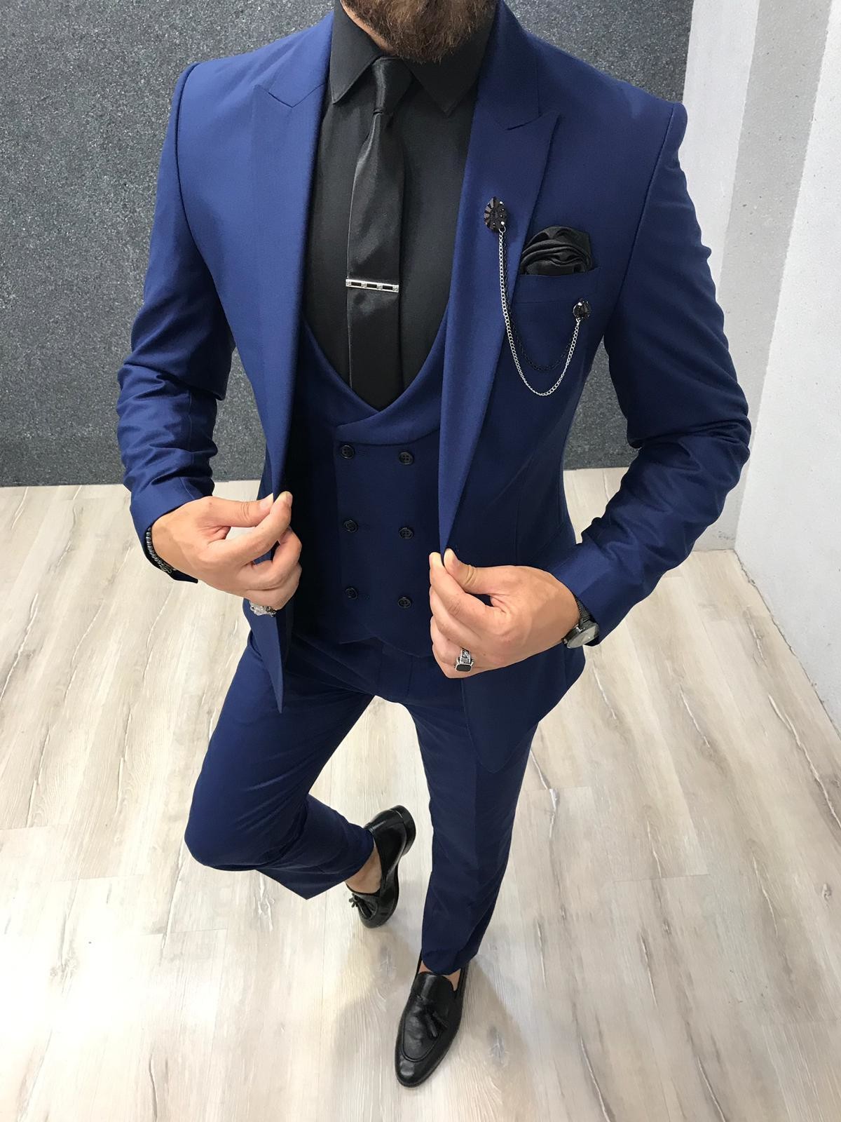 Navy Blue Custom Mens 3 Piece Tuxedo Suit For Groom'S Wedding