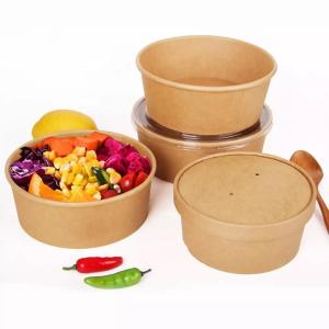 China Sustainable 1000ML 32OZ Take Away Paper Container Salad Bowls Disposable Kraft Paper Round Bowl wholesale