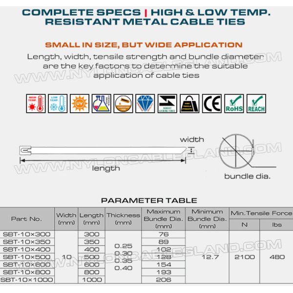 Premium Quality 316L/316/304 Stainless Steel Cable Ties 300~1000mm Length x 10mm Width (480 lbs) for Outdoor