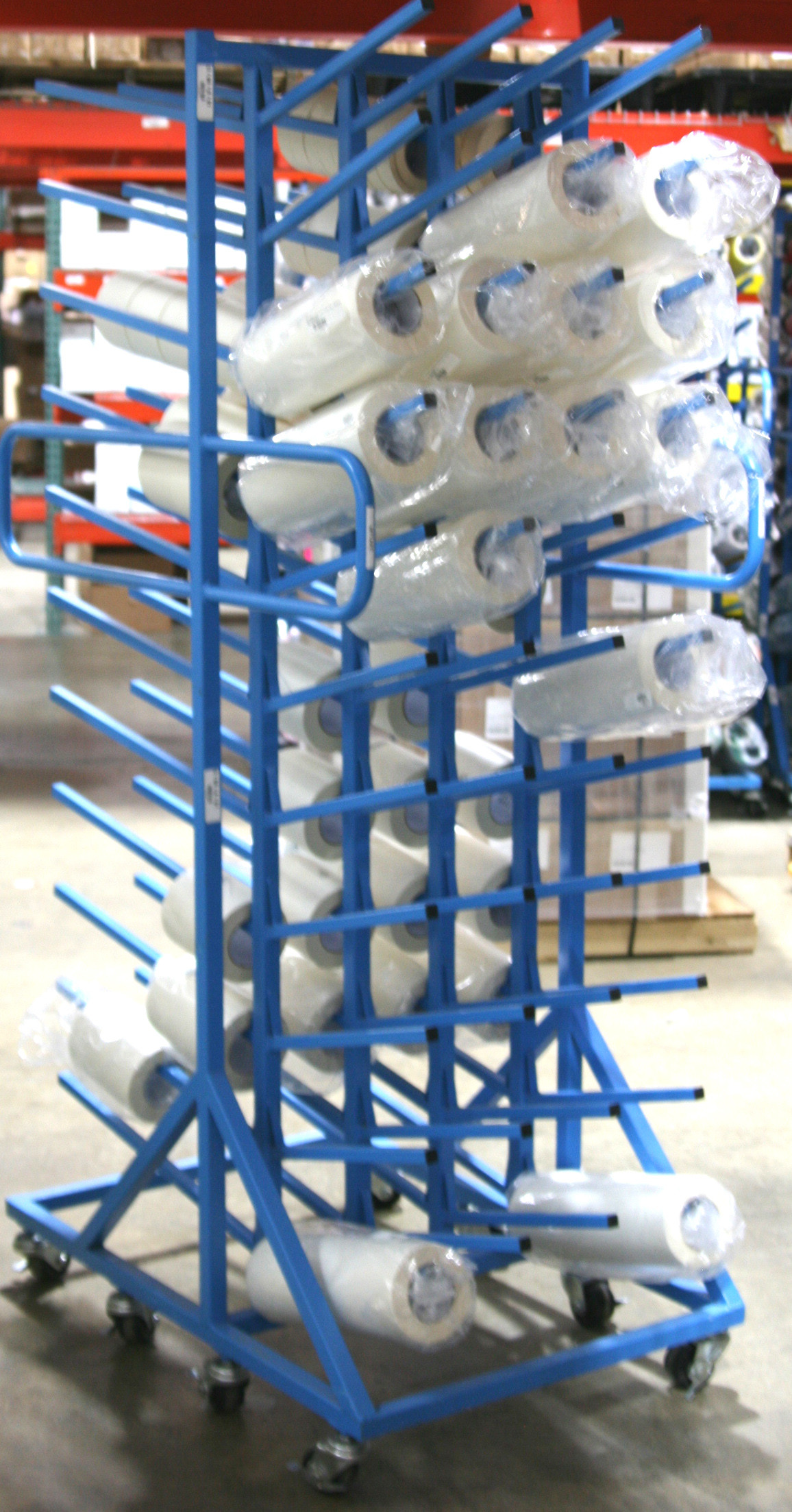 Double Sides Roller Industrial Display Stands With Six Columns Upright Pole