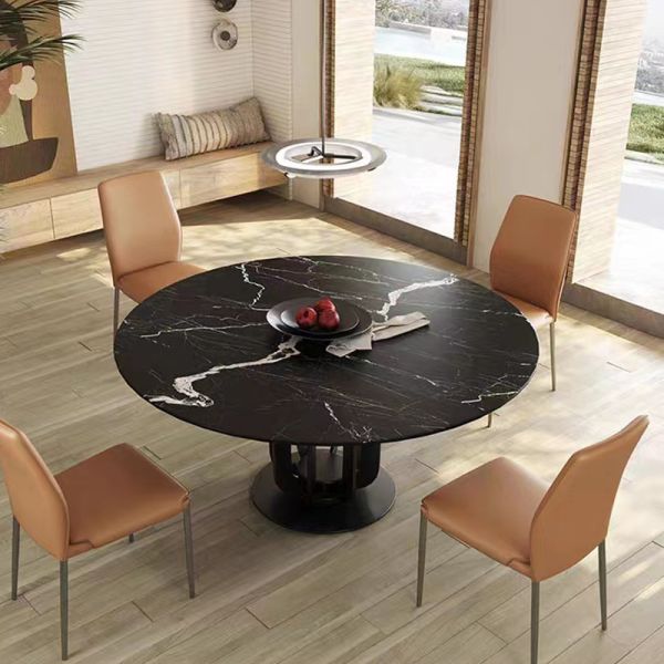 Italian Modern Home Furniture Dining Room Black Stainless Steel Leg Ceramic Rock Plate Marble Round Rotating Table