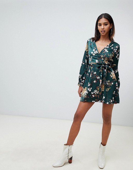 OEM fashionable green floral satin wrap mini tea dress