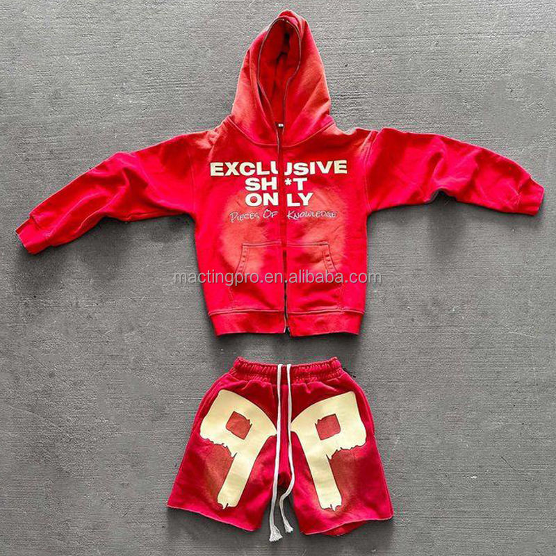 Acid Wash Zip Up Hoodie and Sweatpants Set Custom Design for Men