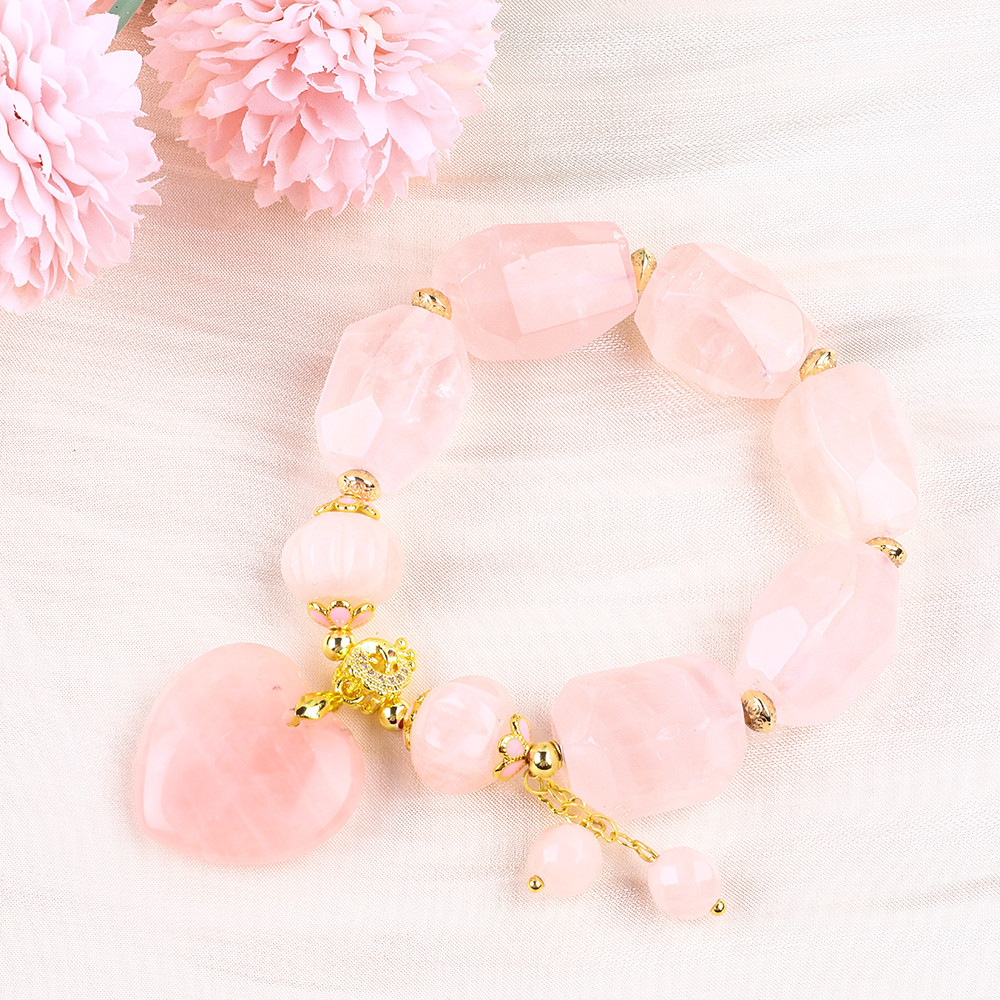 14MM Multi Facted Rose Quartz Stone Crystal Bracelet Heart Carving