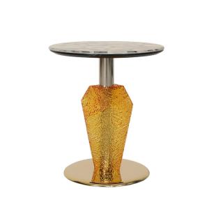 China Agate Top Shiny Finish Stainless Steel Round End Table Gold Metal Base Glass pillar wholesale