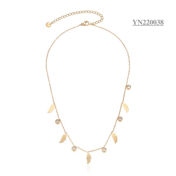 K Gold Stainless Steel Fashion Necklaces High Luxury Leaf Rhinestone Tassel