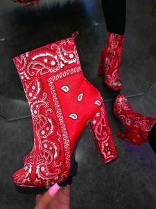 China Classic ethnic print 4inch Ladies High Heeled Boots Size11 open toe hip ankle wholesale