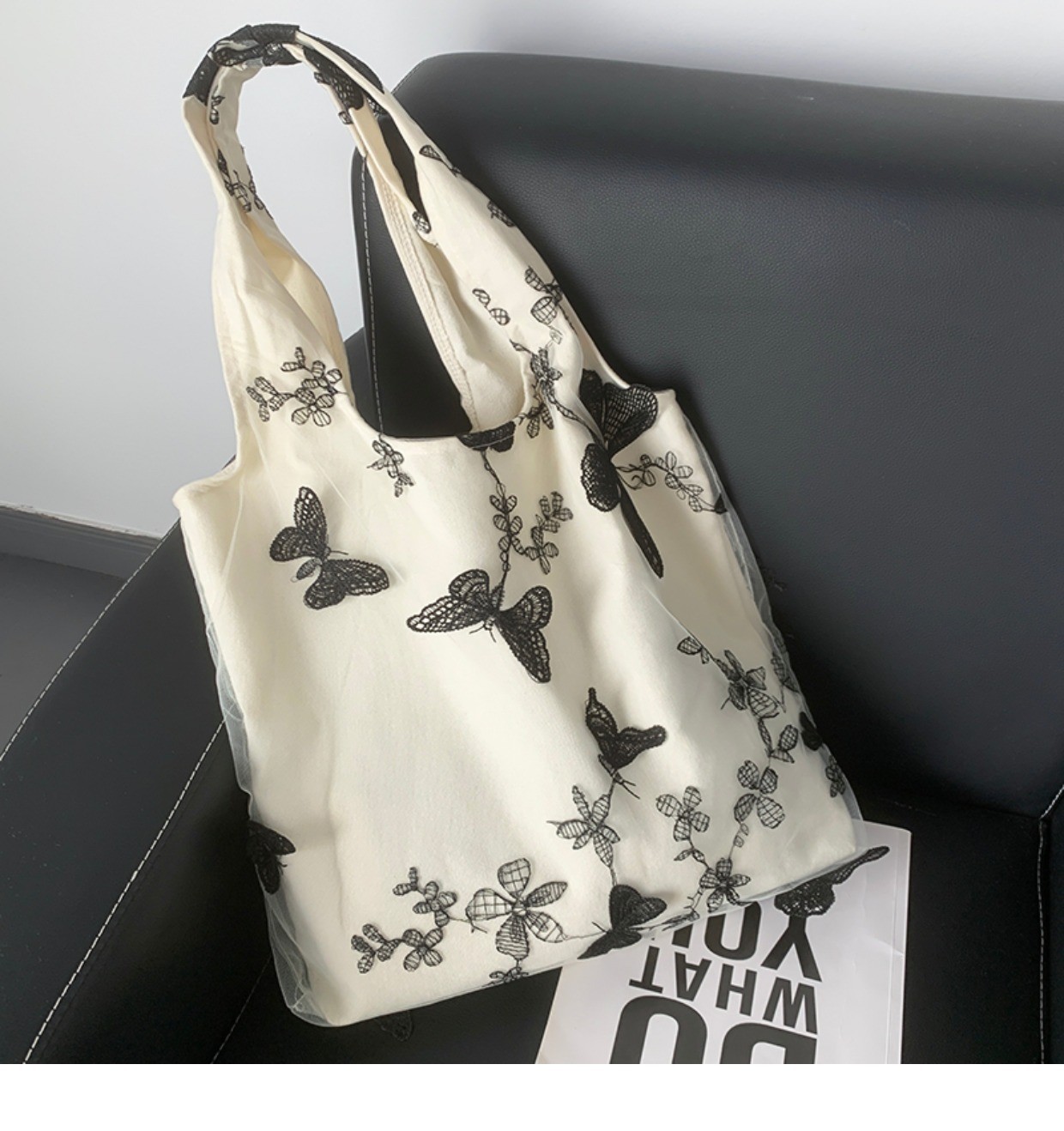 EMBROIDERY BLACK BUTTERFLY CANVAS BAG LACE FAIRY LEISURE TRAVEL FEMALE BAG ART LARGE CAPACITY HUNDRED