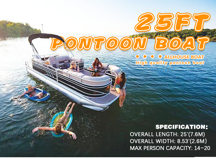 Customizable 25ft Fiberglass Pontoon Boat 12-15 People With Swim Ladder