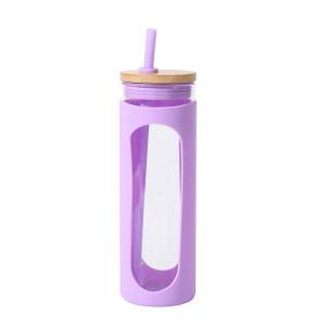 China Bamboo Sports Cap Glass Drinking Bottles 20oz With Protective Silicone Sleeve wholesale