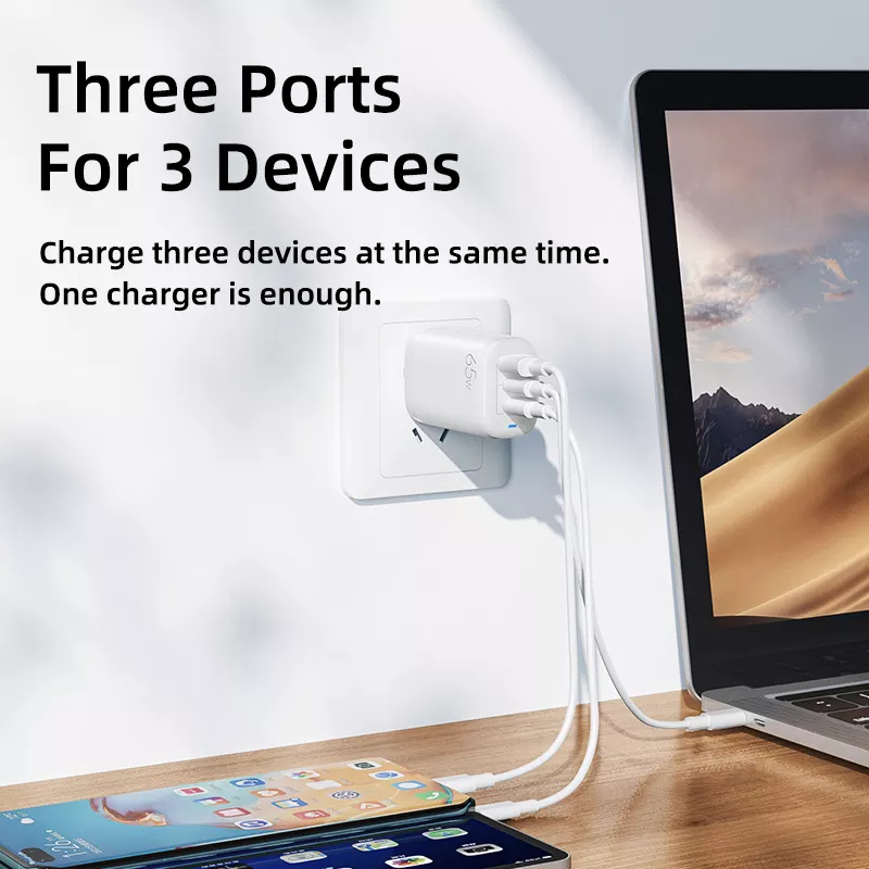 65W GaN 3 Ports USB Type-c Travel Adapter for High Speed Charging of Multiple Devices