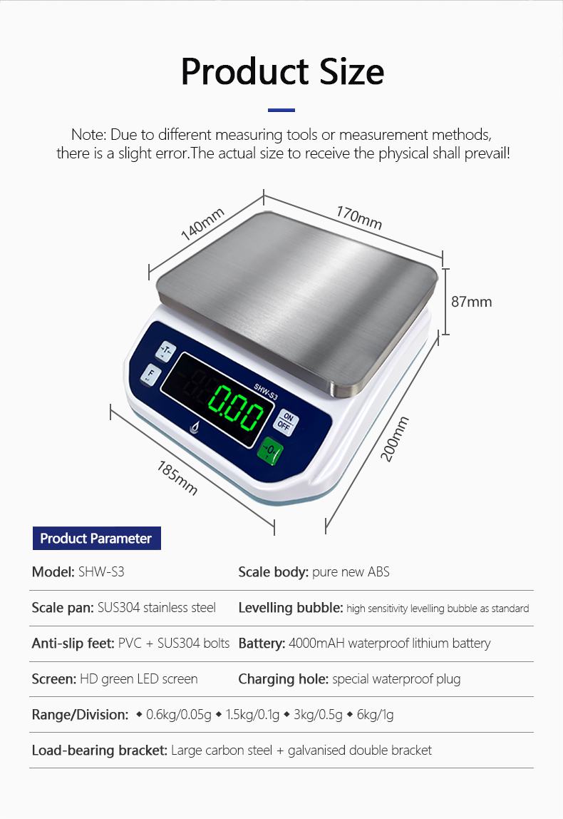 6KG Capacity LED Display Waterproof Scale for Food Processing Baking and High Precision