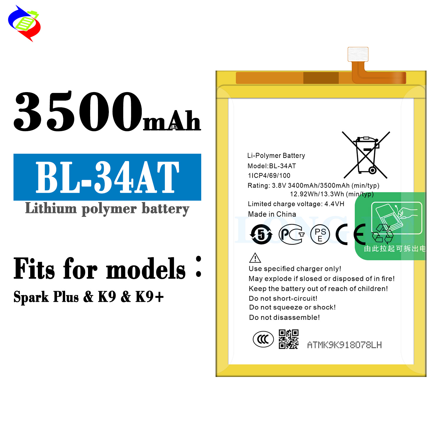 OEM/ODM Compatible For Tecno K9 BL-34AT 3400mAh Spark Plus Mobile Phone Battery