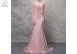 Unique Tulle Pink Mermaid Style Prom Dress Beading Bat Wing Sleeve Stretch