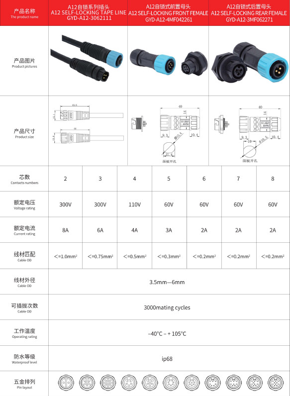 A12 Wire To Wire Type Screw Fixing Male Female Quick Lock Type Electrical Wire Connector IP68 Waterproof