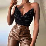 Sexy High Waisted Leather Pants Women Double Pocket