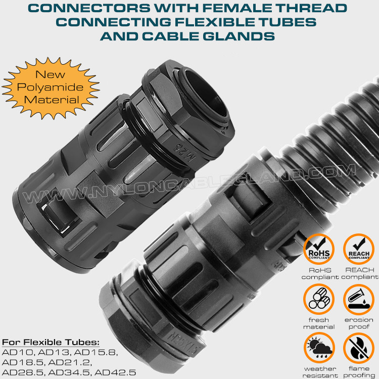 Internally Threaded Straight Connectors (Tube Connectors) Nylon 6 Black Connecting Flexible Tubes AD10~AD42.5 & Metric/PG Cable Glands for Cable