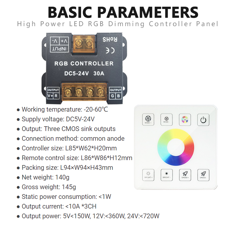 Single Color LED Dimming Controller , 30A High Power RGB Control Panel