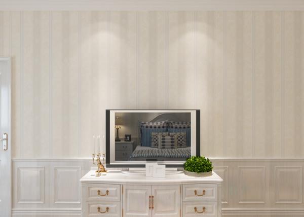 Beige Damask Pattern Non Woven Wallpaper / Embossed Living Room Striped