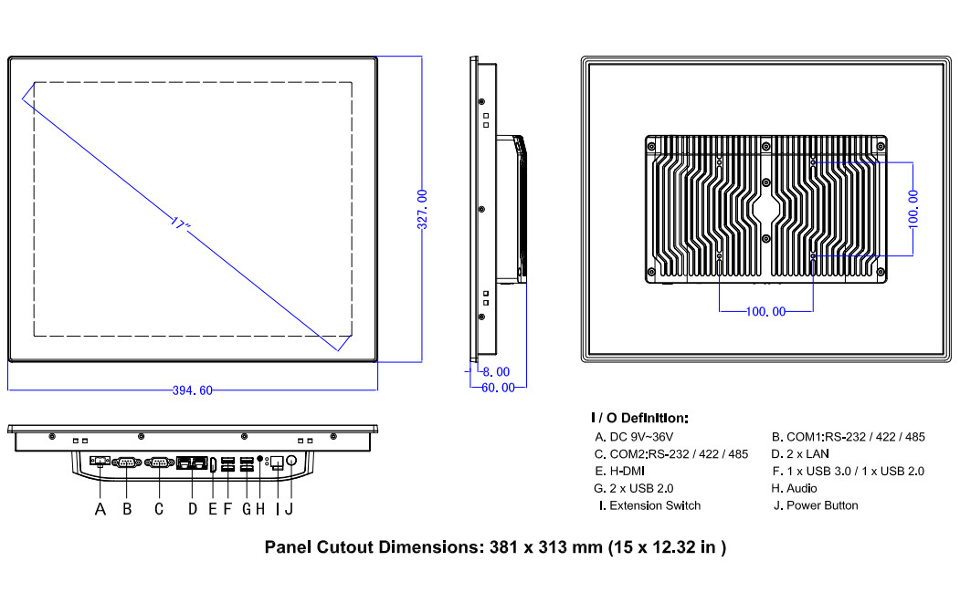 Rugged 17 Inch HMI Panel PC TPM 2.0 RS232 RS422 RS485 9-36V voltage