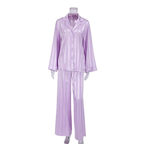 2022 Summer customized shirt pajamas set purple stripes long-sleeved silk pajamas set for ladies home wear