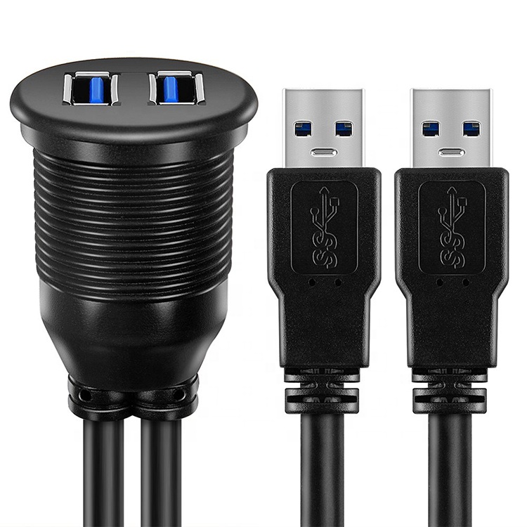 Waterproof Male to Female Aux Car Dashboard Panel Dual USB 3.0 Flush Mount Extension Cable for Motorcycle