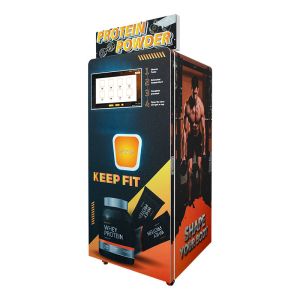 Protein Powder Vending Machine with Automatic Cup Dispensing, Background Warning