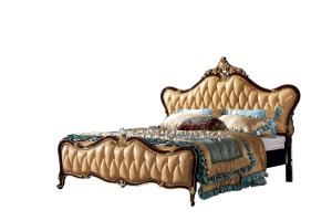 China Black painting and gold leaf Solid Wood King Size Royal Wooden Design Leather Bed wholesale