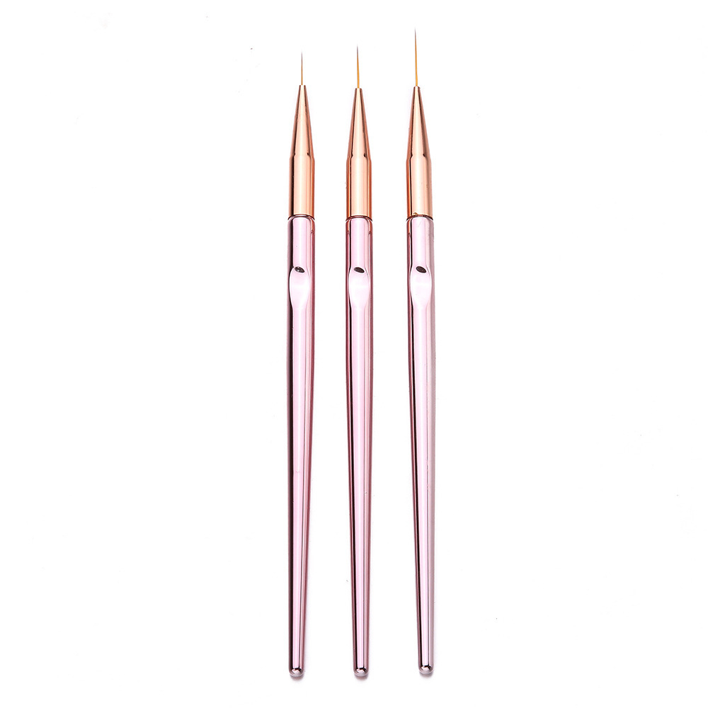 3pcs Metal Handle Nail Art Line Pen UV Gel Nail Brush Set Rose Gold Color