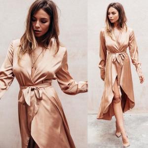 China Fall Women Clothing Sexy Deep V Neck Satin Wrap Dress wholesale