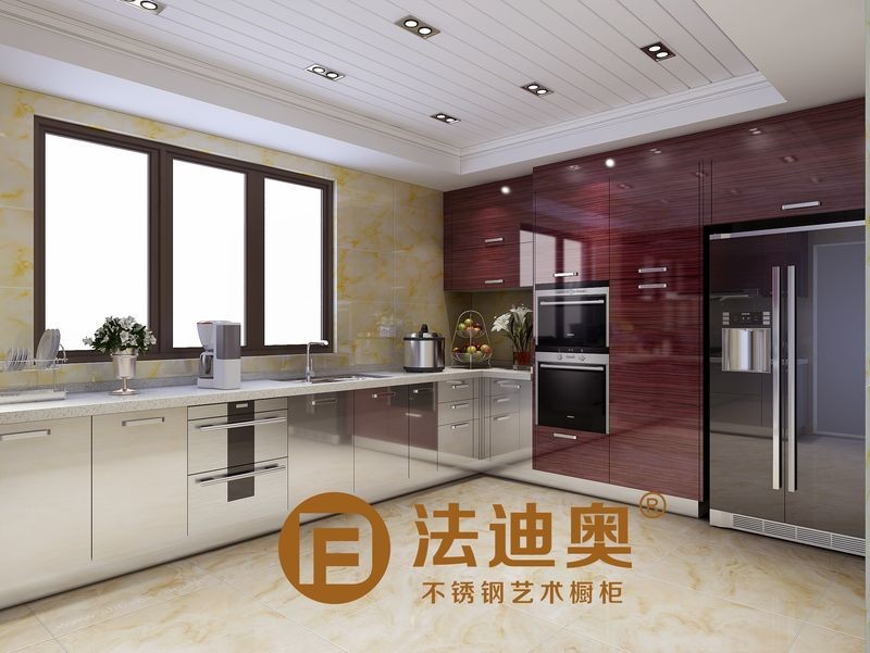 Fadior U-Shaped Stainless Steel Kitchen Cabinet WIth Crystal Wood Grain And Original Stainless Steel Color