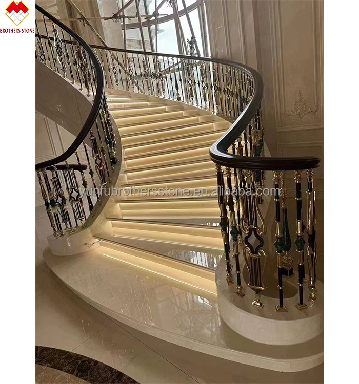 Modern Anti-Slip Beige Marble Waterjet Steps and Treads for Villas Spiral Staircase