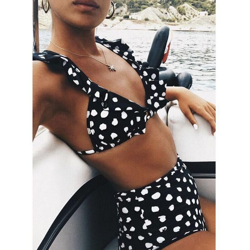 2018 Sexy High Waist Bikini Women Swimwear Push Up Swimsuit Ruffle with spot flounced on shoulder