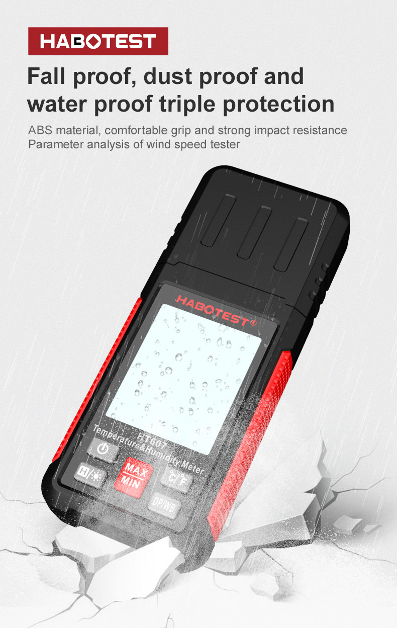 Data Hold Function HT605 Portable Digital Anemometer with Air Velocity Range 0.7-30m/s and Temperature Humidity Meter