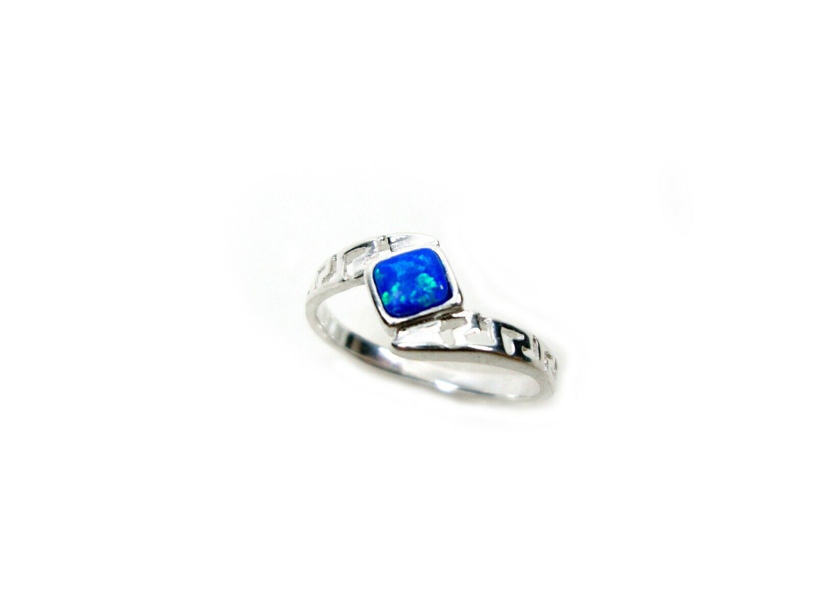 Sterling Sliver 925 Ancient Greek Meander Key Modern Fire Rainbow Blue Opal Engagement Ring