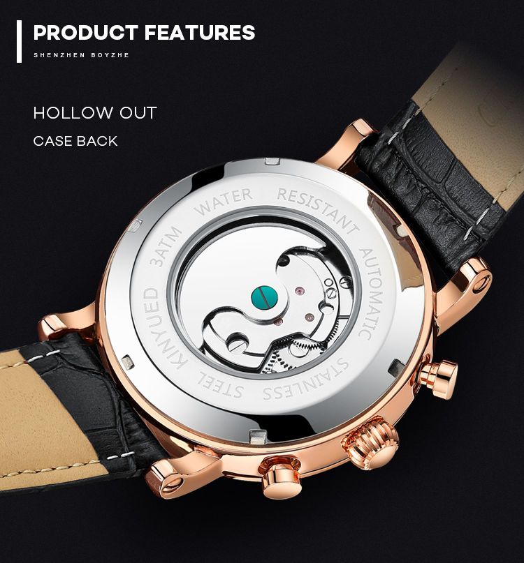 J022-2 Fashion Black Strap Silver Cover Hollow Out Case Back With Complete Calendar Mens Automatic Mechanical Watch