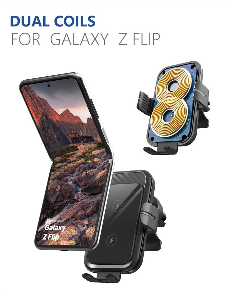 Dual Coil 15W Qi Fast Charging Auto Clamping Car Charger Phone Mount Designer Wireless Charger for Samsung Z Flip