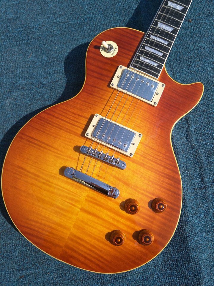 Tiger flame 1959 R9 LP standard electric guitar piece by piece neck body, Tune-o-Matic bridge, FRET binding free deliver