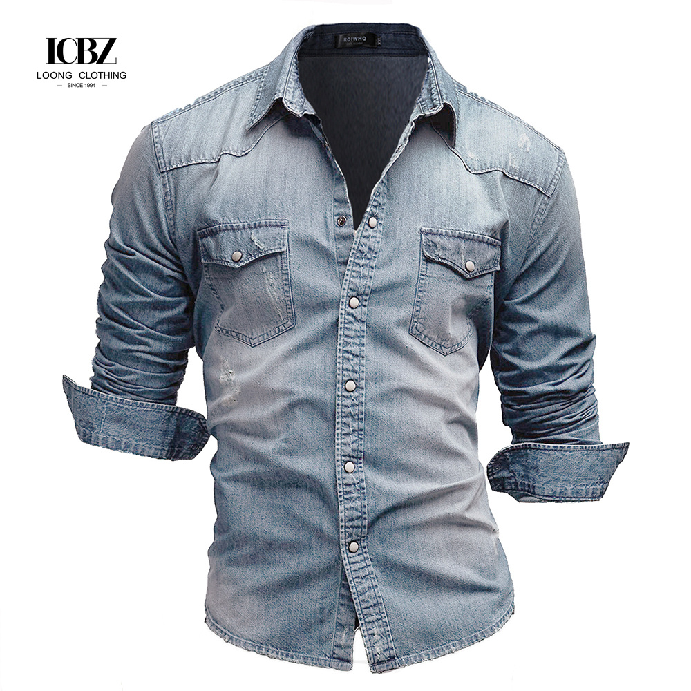 Men's Woven Denim Dress Shirts European Size Long Sleeve High Collar Cotton Shirt