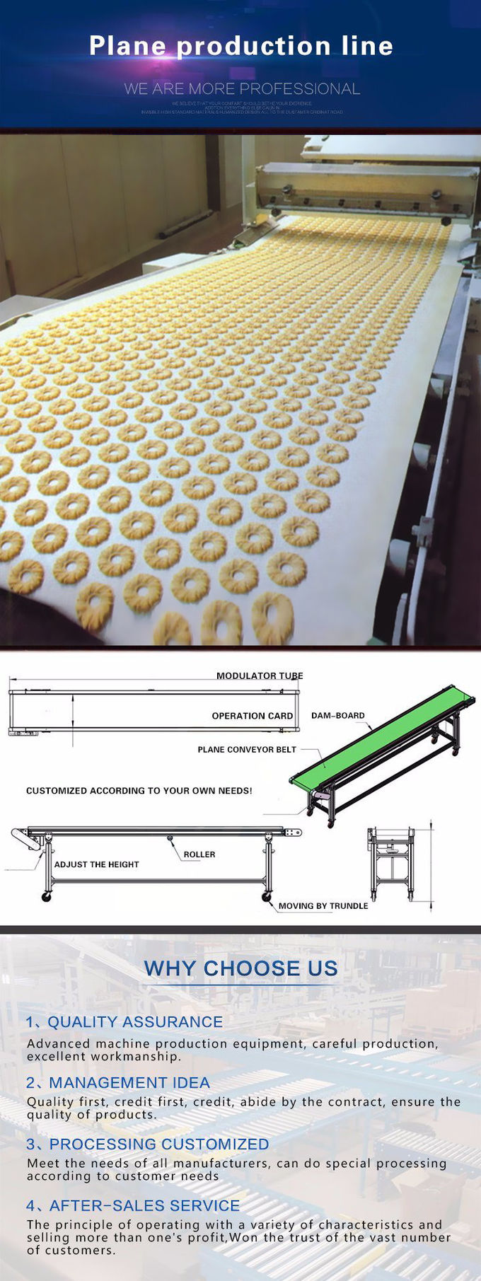 Biscuit Production Line Flat Belt Conveyor 0.4kW - 22kW Power High Efficiency