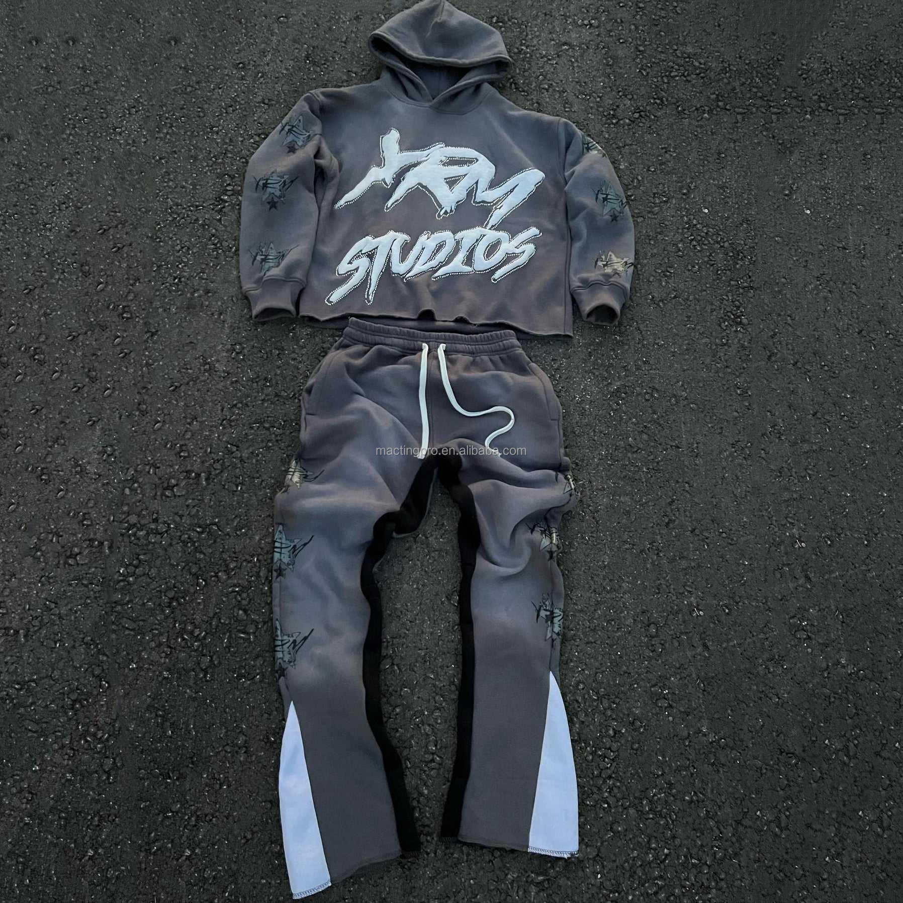 Custom Size Y2K Cut Raw Hem Hoodie and Sweatpants Set for Men's Streetwear in Cotton