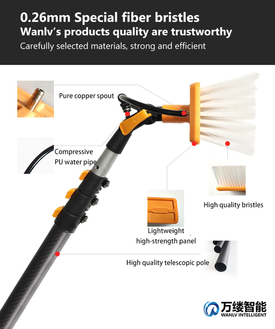 Car Wash Brush Cleaning Solar Panels, Windows, Doors, and Billboards Washing Brush with Hose Attachment DC Water Pump 50 Meter Hose and Soft Bristle Cleaning