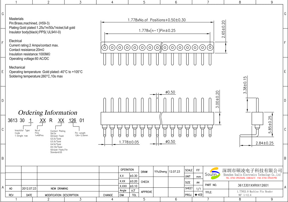 Straight Round Pin Header Connector 1.778mm Pitch