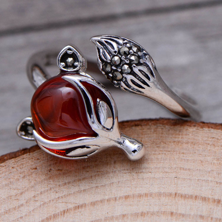 Adjustable Size Animal Style Garnet Retro Thai 925 Silver Ring(056625)