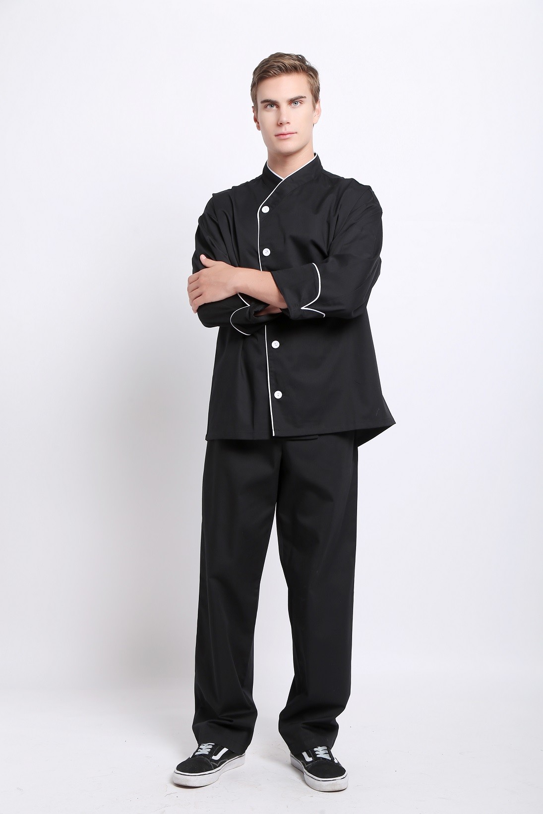240 GSM Polyester 65% Cotton 35% Long Sleeve Feed Off Arm Black Chef Coat